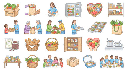 Obraz premium Food pantry and donation vector set with volunteers, clients, grocery shelves, baskets, heart produce, soup pot, meal trays and community aid icons