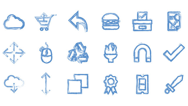 Collection of various digital navigation web icons rendered in sketchy blue hand drawn artistic style.