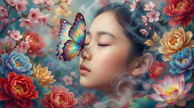 closed eye girl with colorful butterfly and flowers illustration