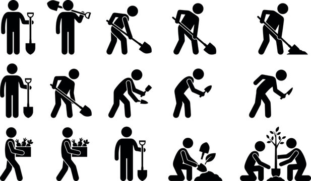 Gardener and farmer stick figure pictogram icon set working with shovel planting young tree