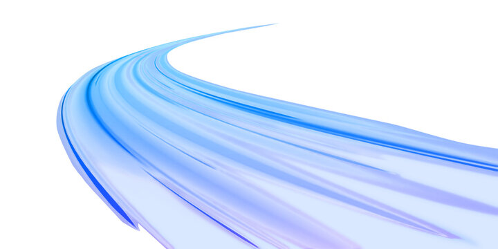 A dynamic, abstract depiction of rapid movement, visualized as flowing streaks of blue and purple light curving into the distance against a clean white background.