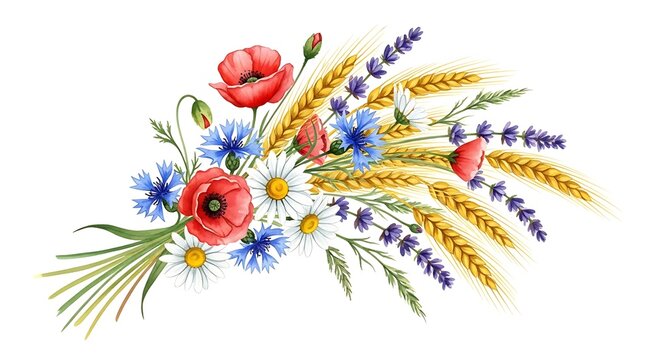 Vibrant bouquet of poppies, daisies, cornflowers, lavender, and wheat stalks