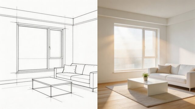 A split-screen comparing a sketch of a living room with its modern interior design, showcasing a couch, coffee table, and window in a clean and elegant space.