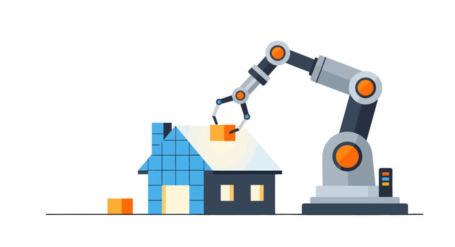 Industrial Robotic Arm Building a Modular House, Automation in Construction and Smart Home Technology Vector Illustration