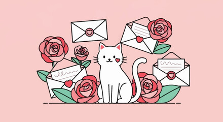 White cat surrounded by roses and envelopes. © Kancil