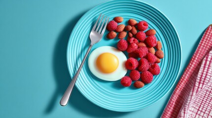 Fototapeta premium A healthy breakfast setup includes a soft boiled egg, fresh raspberries, and almonds on a turquoise plate with a bright cloth in the background