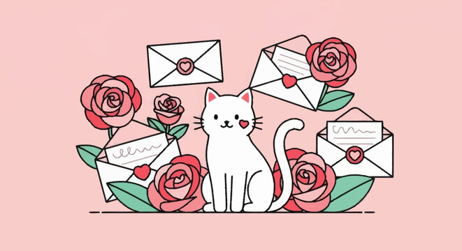 White cat surrounded by roses and envelopes.
