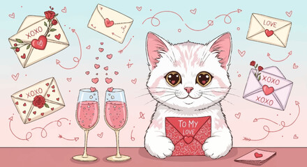 White Cat with Champagne and Love Letters. © Kancil