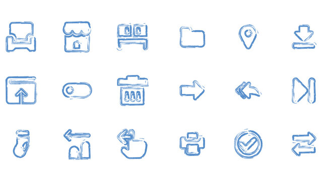 Set of hand drawn blue icons including a couch, store, cabinet, folder, and various arrow symbols.