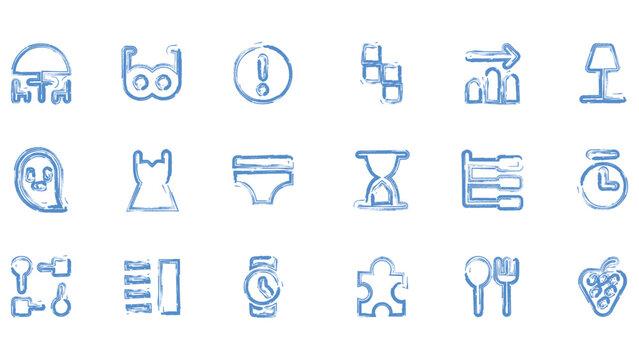 Set of line style user interface icons representing various business technology and lifestyle concepts.