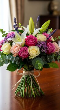 Vibrant bouquet of roses, lilies, and lavender, tied with twine, on a wooden table
