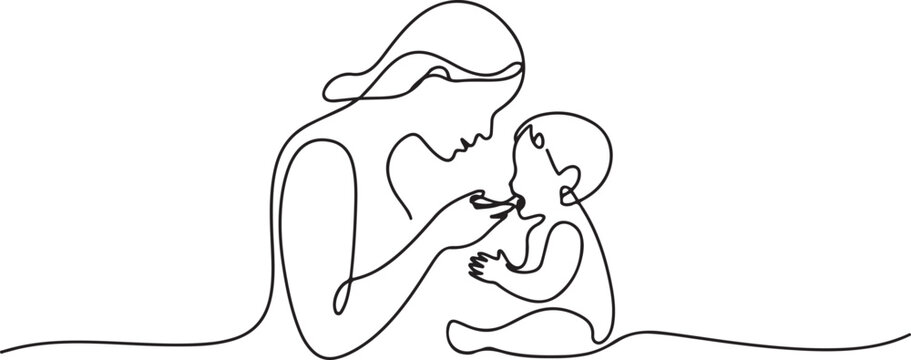 Continuous line drawing of mother feeds the child. Template for your design works. one line Icon drawing