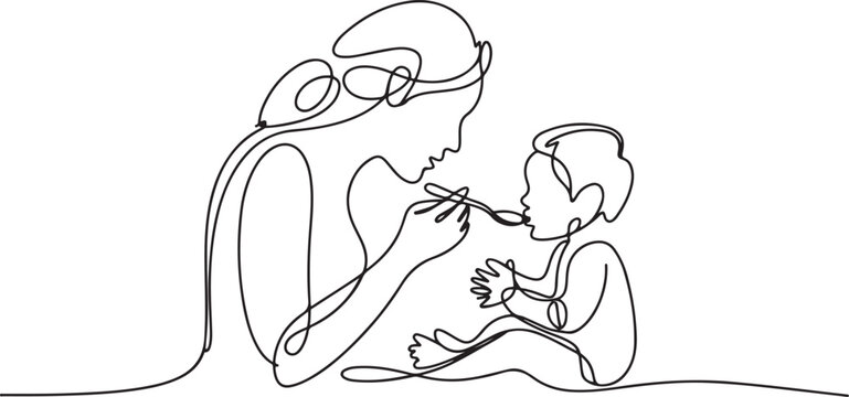 Continuous line drawing of mother feeds the child. Template for your design works. one line Icon drawing