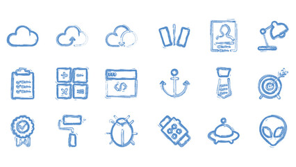 Group of blue hand drawn icons showing clouds, binoculars, ID card, lamp, and calculation symbols. © ShibPada
