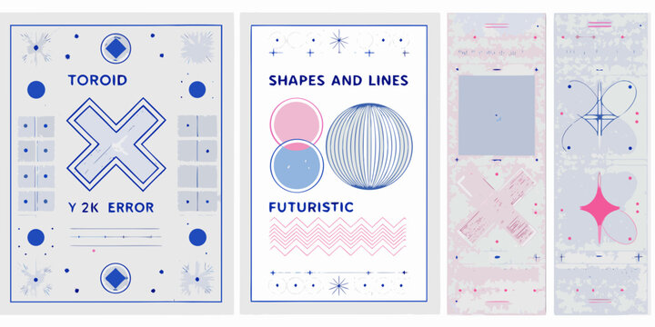 four vertical posters with geometric shapes and text