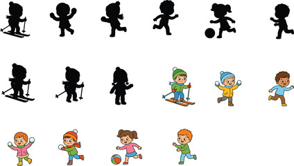 Obraz premium Children Playing and Winter Activity Character Collection Featuring Running, Ball Games and Skiing Fun Illustrations