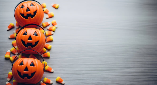 Three colorful plastic halloween pumpkin buckets filled with candy corn