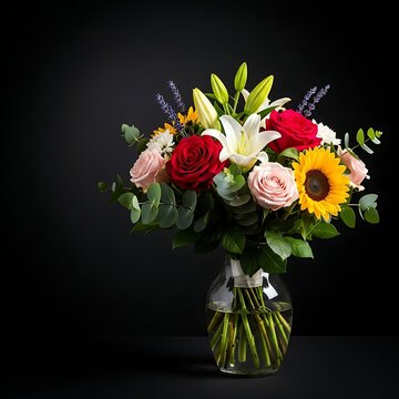 Vibrant bouquet of roses, lilies, sunflowers & lavender in a clear vase