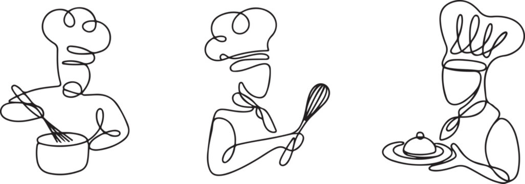Set of creative templates of continuous line drawings of chef, toque chef hats isolated. one line Icon drawing