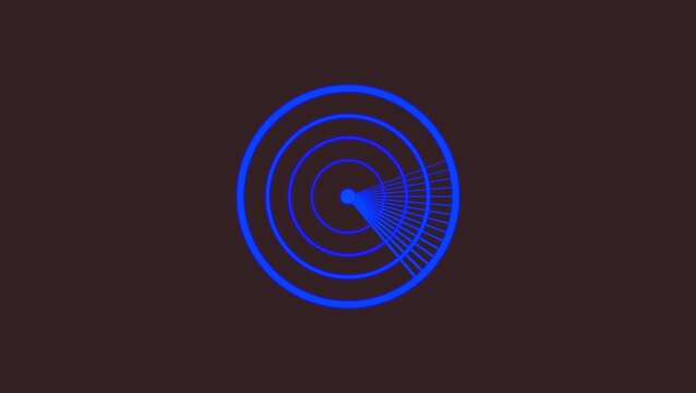 Radar sonar screen interface showing circular scanning motion with blue glowing grid lines on dark background representing navigation technology surveillance and target tracking military security clip