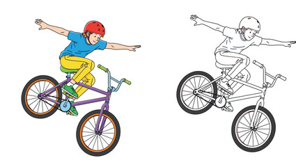 Naklejka premium Boy performing extreme BMX bicycle stunt jump illustration set with colored and black and white line art versions for coloring book activity and sports design