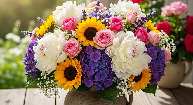 Vibrant bouquet of sunflowers, peonies, roses, and hydrangeas in a rustic vase