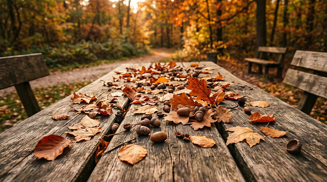 Autumnal scene with scattered dry leaves and acorns on a wooden picnic table in a forest setting