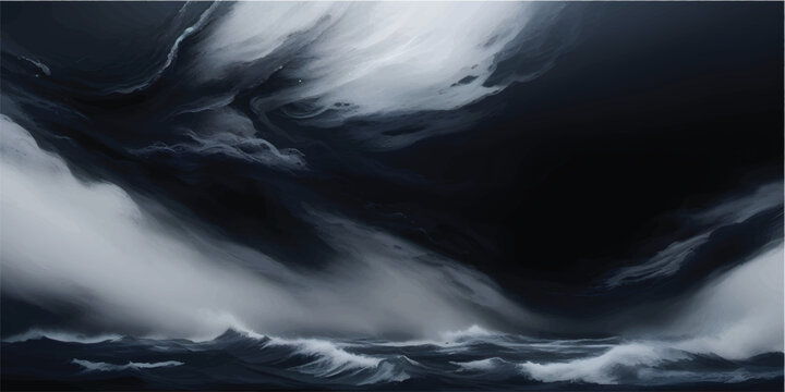 Dramatic dark storm clouds fill the night sky over a rough ocean, where wind and moonlight illuminate the texture of the flowing sea water
