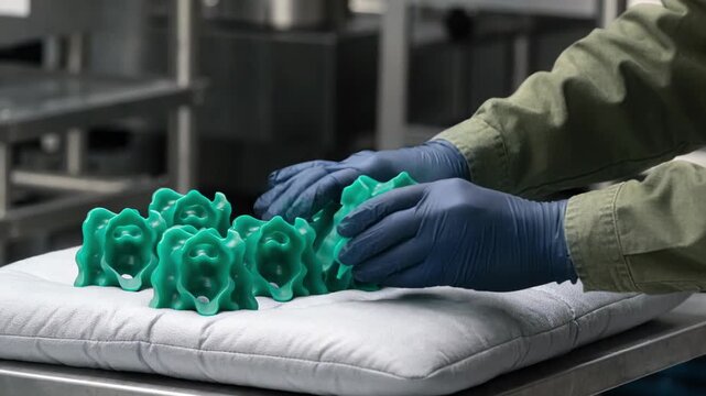 Medium shot showing green parts being placed gently onto a soft padded tray by a gloved worker emphasizing safe handling and component protection