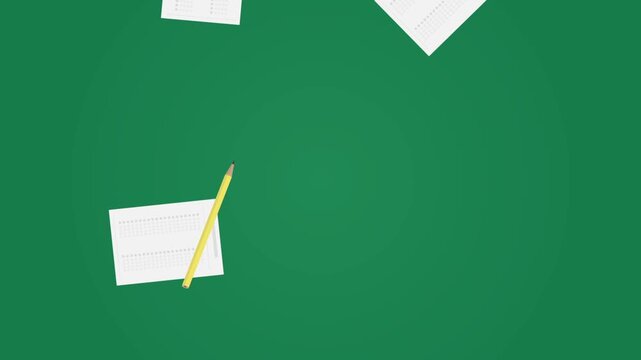 pencil and exam paper fall on green board background