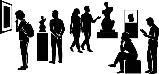 silhouette of people looking at art in a gallery with sculptures and paintings on display © Pixel Verses