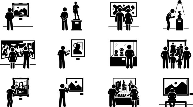 people looking at art in a gallery or museum or exhibition  various scenes