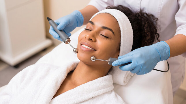 Smiling young Black woman receiving a microcurrent facial lifting treatment and skin rejuvenation therapy from a cosmetologist in a spa.