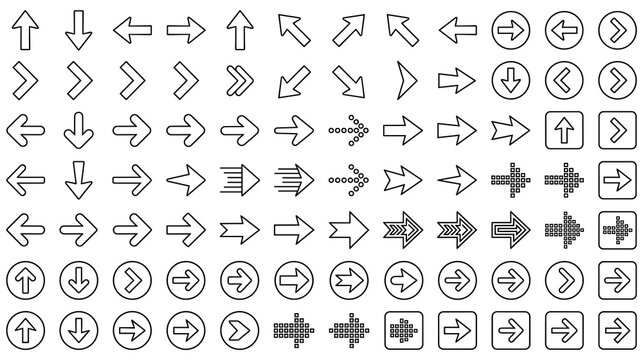 Set of simple navigation arrow signs in black line style.