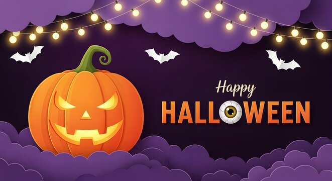 Happy halloween banner with a scary pumpkin, glowing string lights, and paper art style clouds on a dark purple background