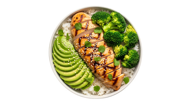 Healthy chicken breast bowl with sliced avocado, broccoli, and rice isolated on black background