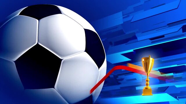 Soccer ball with golden champion trophy cup on abstract blue background, sports broadcast intro concept, football tournament championship graphics, 4k video footage.