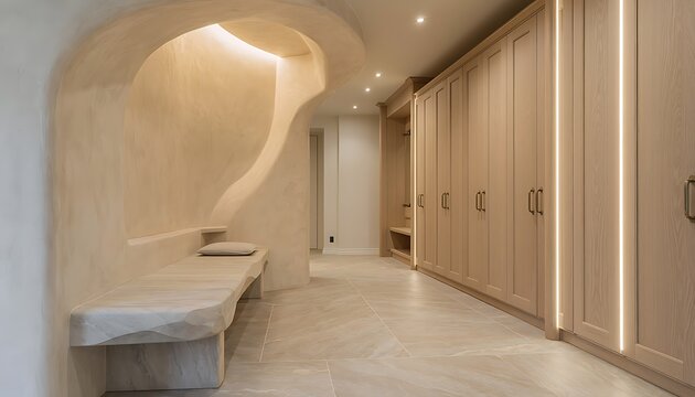 Luxurious and sustainable walk-in closet design with natural wood finishes and integrated seating