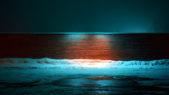 Wide shot of brick wall at night with dual blue and orange lighting.