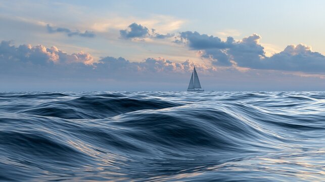 Close medium framing of smooth ocean waves reflecting soft diffused dawn light distant sailboat silhouette outlined against airy pastel clouds and wide open sky with ample copy