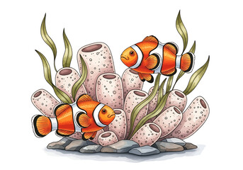 Two clownfish swimming around tube sponges © Mamun
