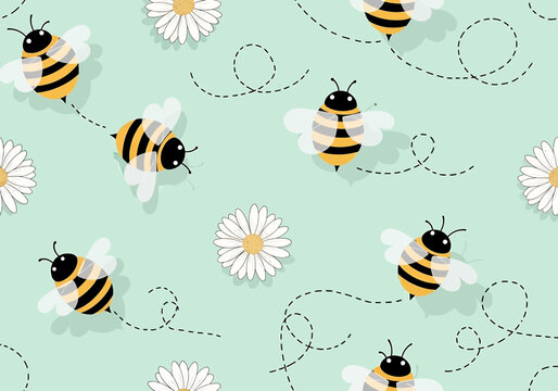 Seamless pattern with cute cartoon bees and white daisies on a light green background
