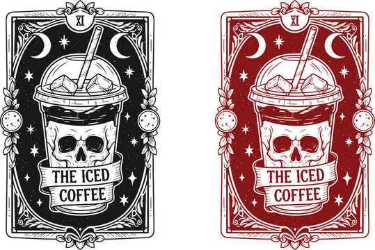 Skeleton Drinking Coffee Halloween Tarot Card Illustration Dark Gothic Vector Art