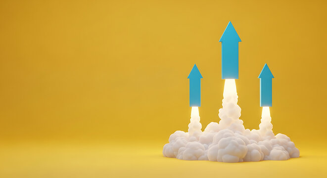 Three blue arrows pointing upward launching with smoke yellow background progress business strategy direction movement beginning