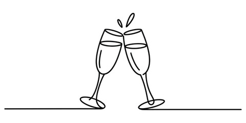 Continuous line drawing of two champagne glasses clinking for a celebration © Simanto