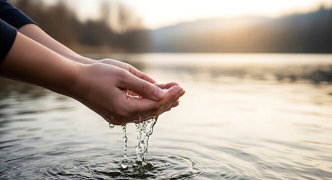 Hands cupping water flowing from lake surface at sunset with body part, drinking