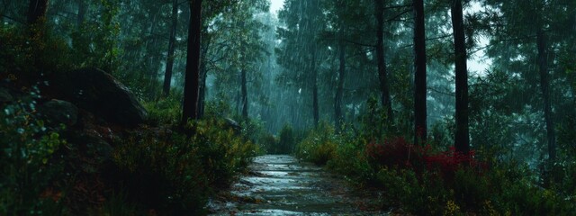 Obraz premium Serene Forest Pathway Surrounded by Lush Greenery and Misty Atmosphere in a Cinematic Setting