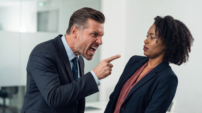 Toxic male boss shouting at Black female employee. Workplace discrimination and harassment concept - racial discrimination at work photo