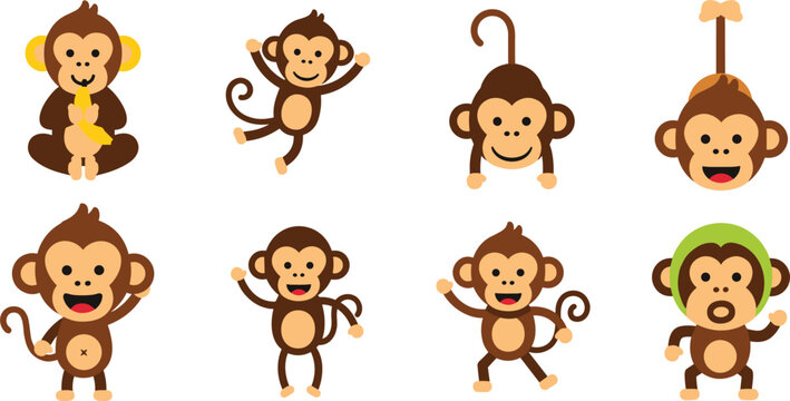 Cute Monkey Cartoon Character Vector Set Isolated on White Background