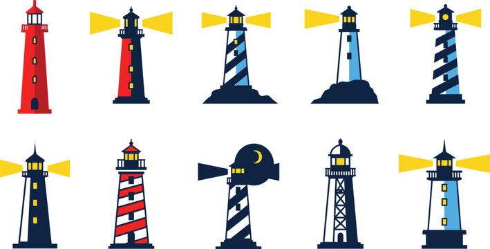 Lighthouse and Coastal Beacon Vector Set with Maritime Navigation Tower Sea Signal and Nautical Icons
